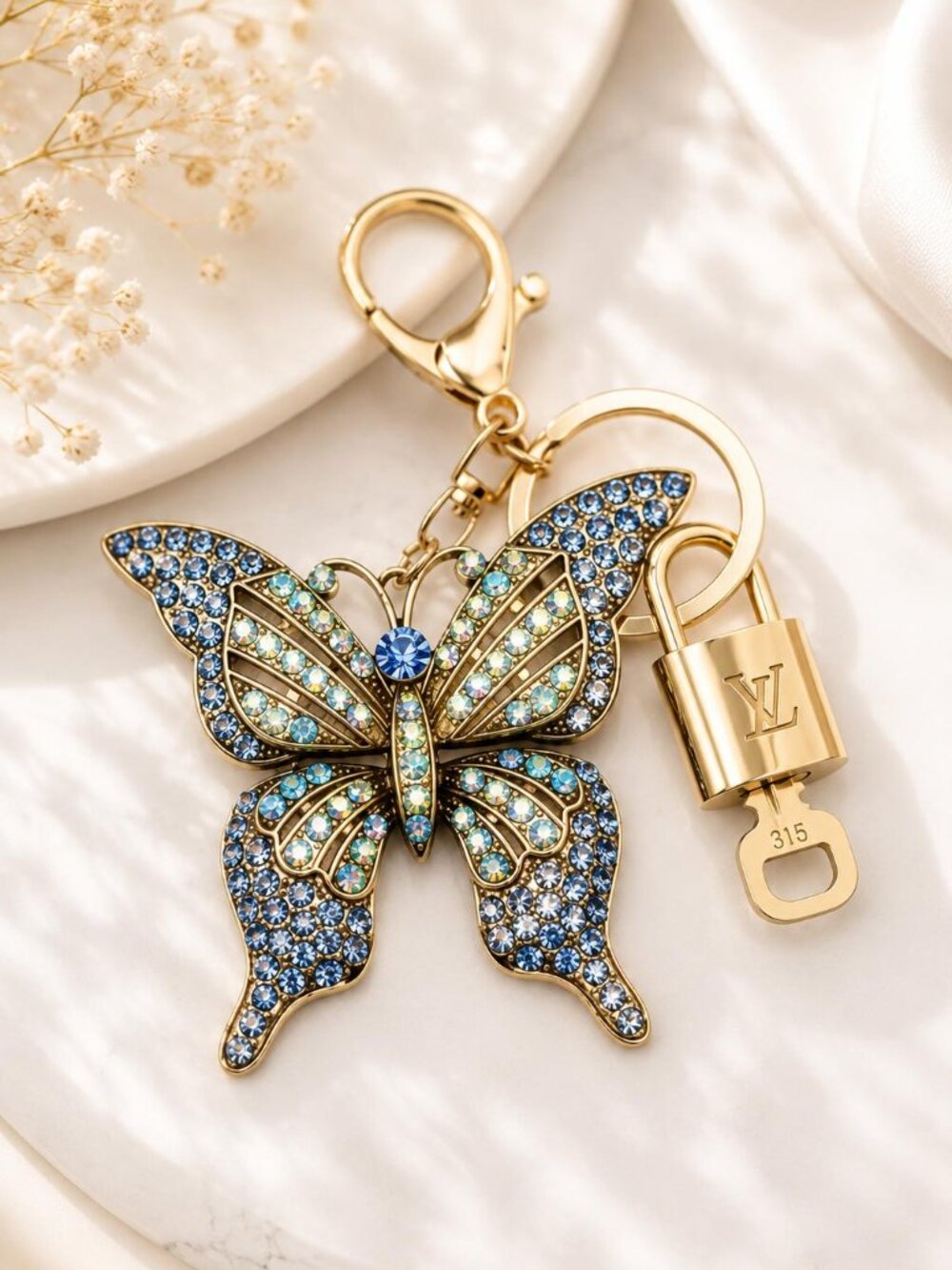 LV Authentic Gold Padlock 🔒 Key Set w/ Unbranded Butterfly Keychain Charm